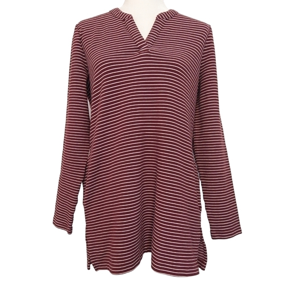Duluth Trading Co. Ponte Pro Burgundy Striped Split Neck Tunic Pockets